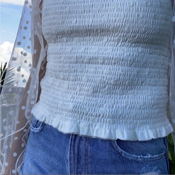 Iris White Sheer Princess Smocked Polka Dot Blouse Top M - Picture 4 of 8